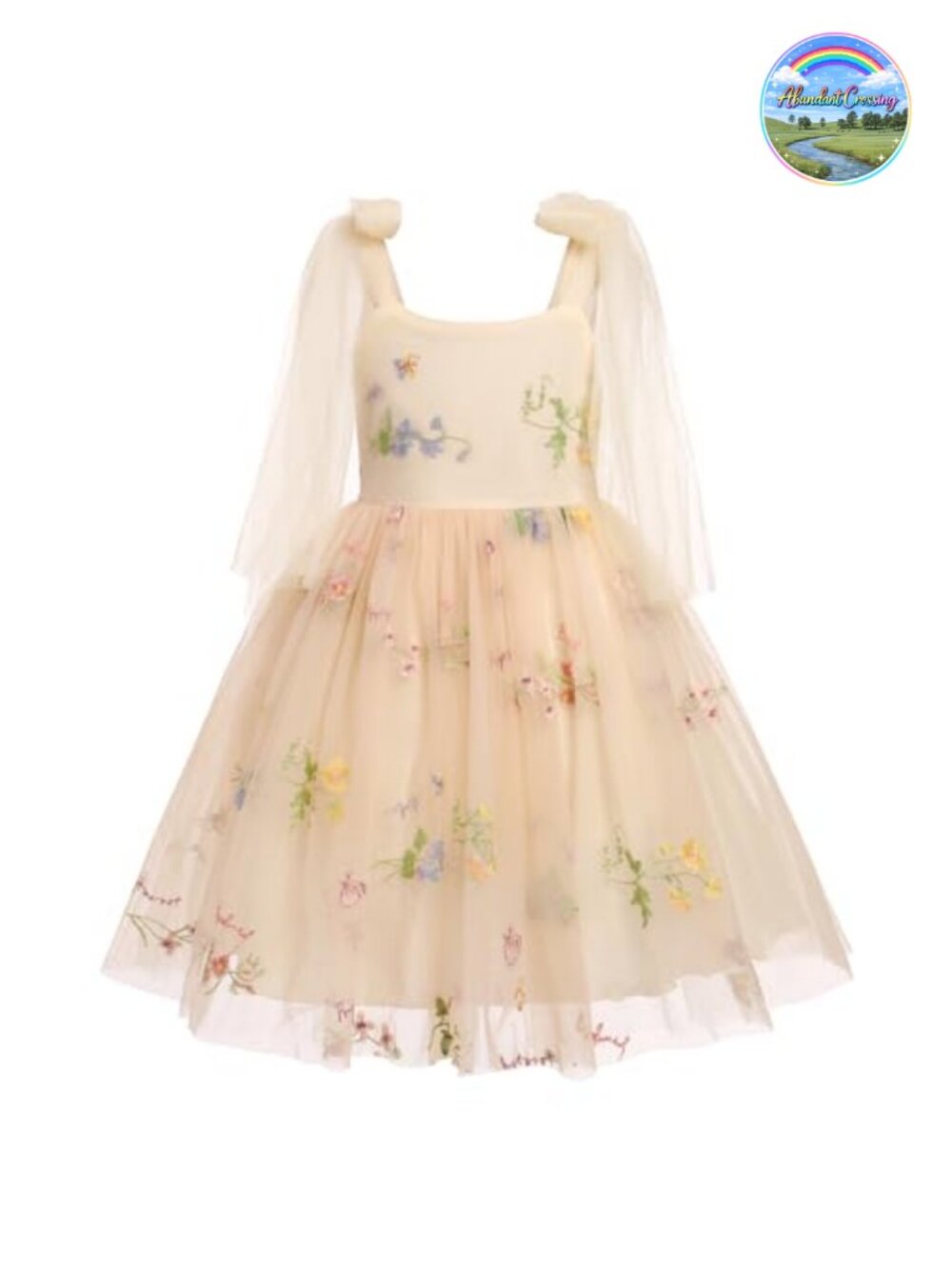 Girls Floral Embroidered Tulle Dress Formal Sleeveless A-Line